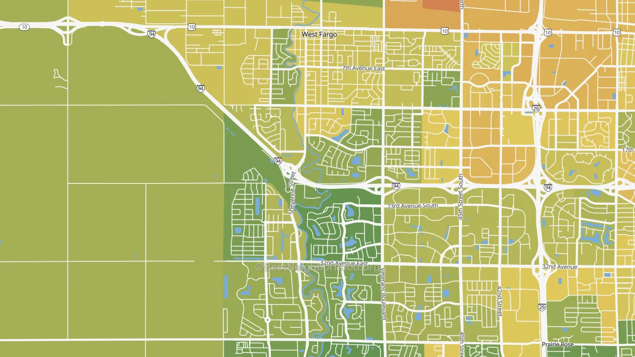 Map of the best neighborhoods in the 58078 area, with better matches in green and worse matches in red