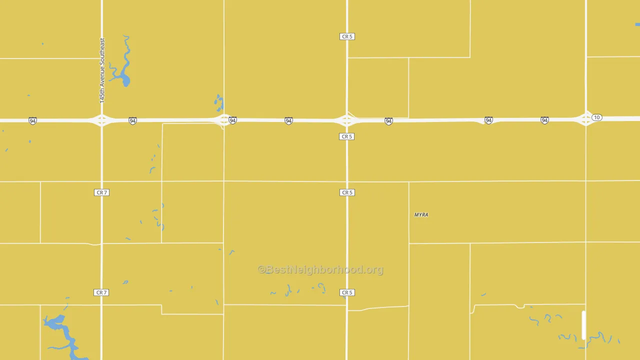 Map of the best neighborhoods in the 58079 area, with better matches in green and worse matches in red
