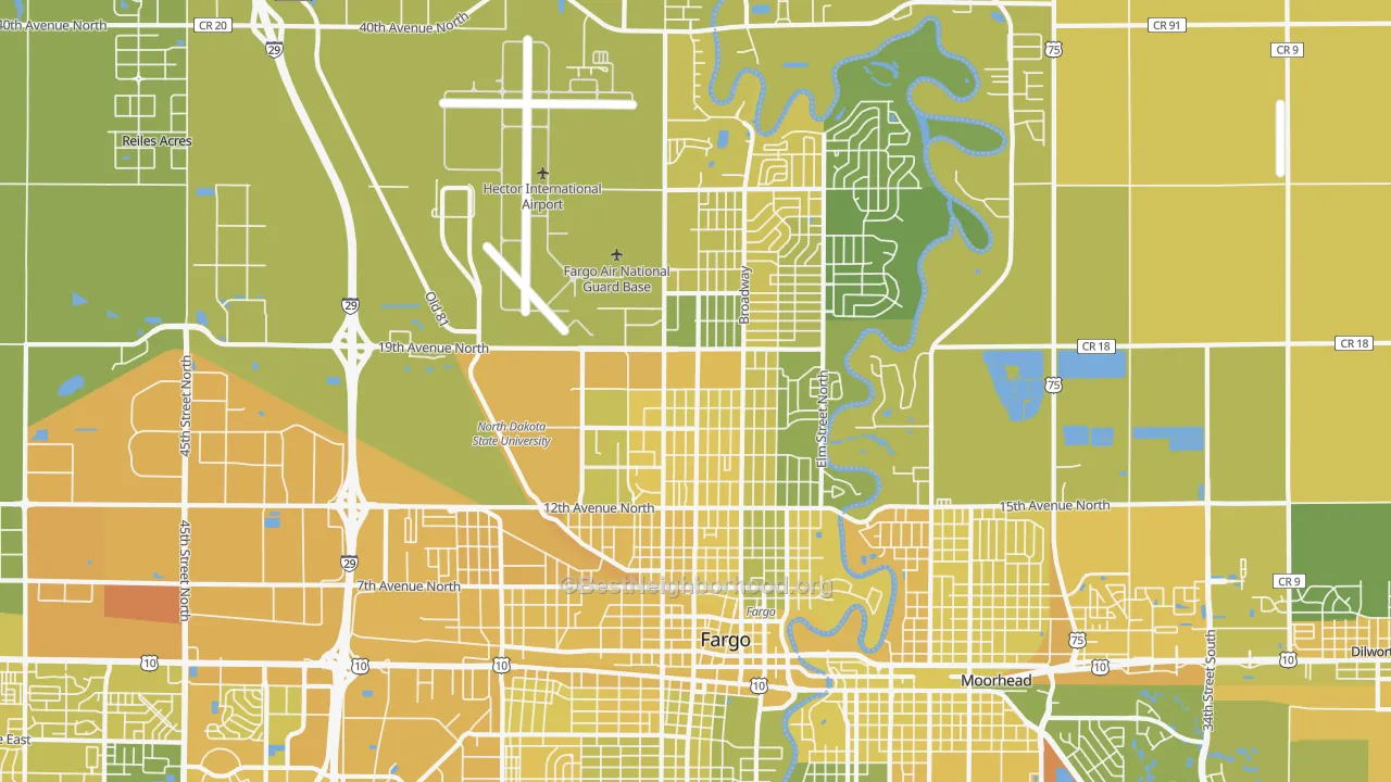 Map of the best neighborhoods in the 58102 area, with better matches in green and worse matches in red