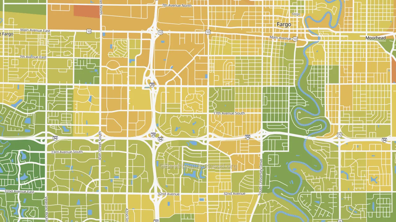 Map of the best neighborhoods in the 58103 area, with better matches in green and worse matches in red