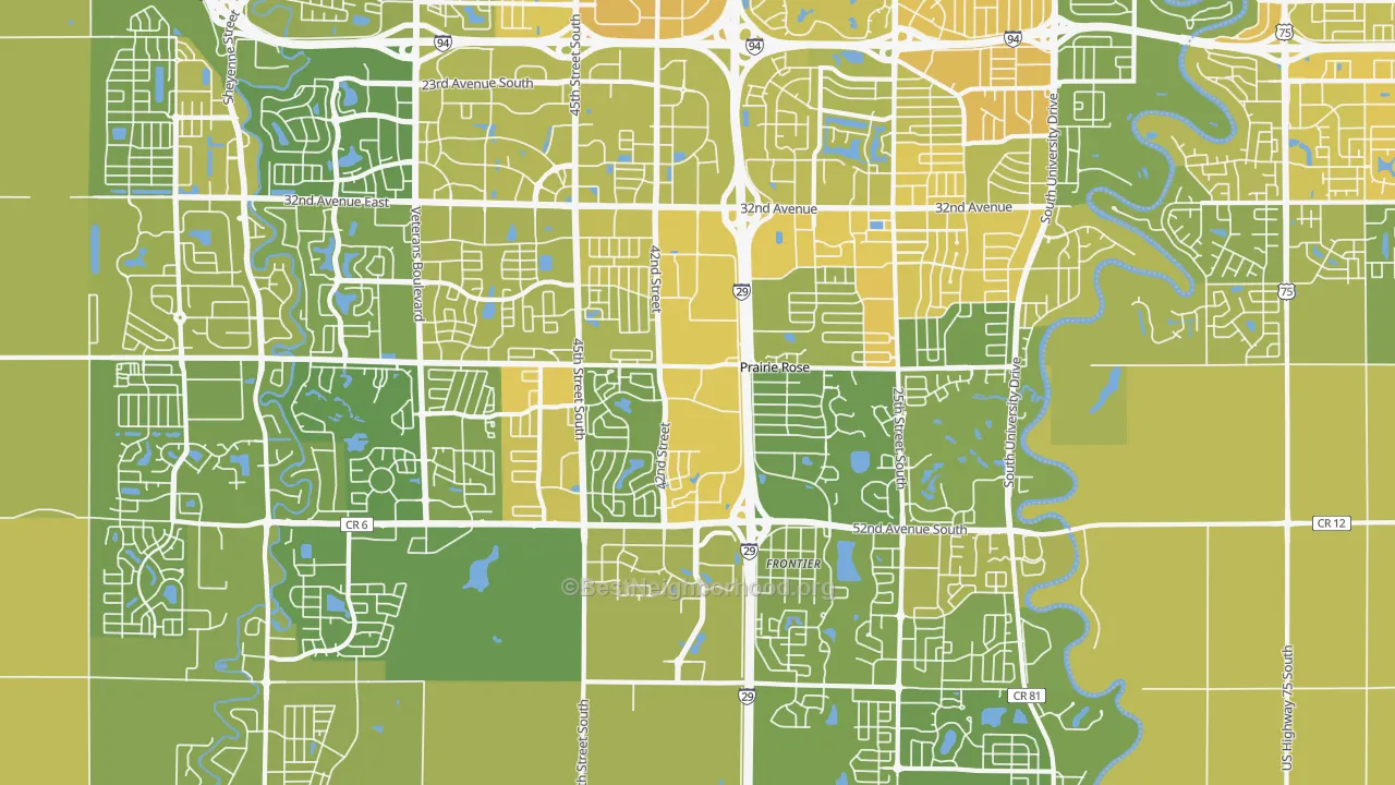 Map of the best neighborhoods in the 58104 area, with better matches in green and worse matches in red