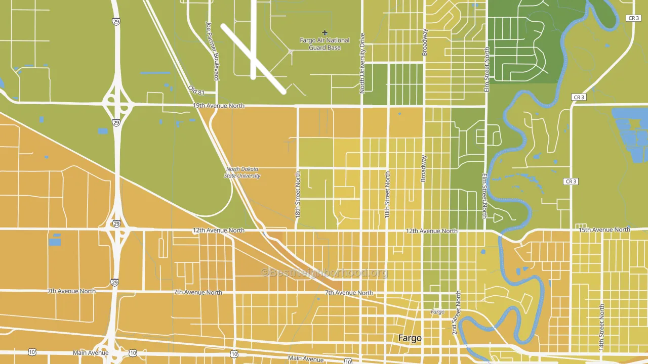 Map of the best neighborhoods in the 58105 area, with better matches in green and worse matches in red