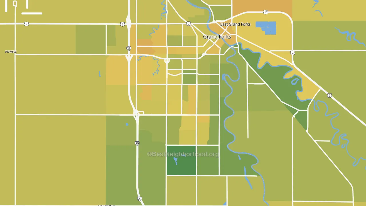 Map of the best neighborhoods in the 58201 area, with better matches in green and worse matches in red