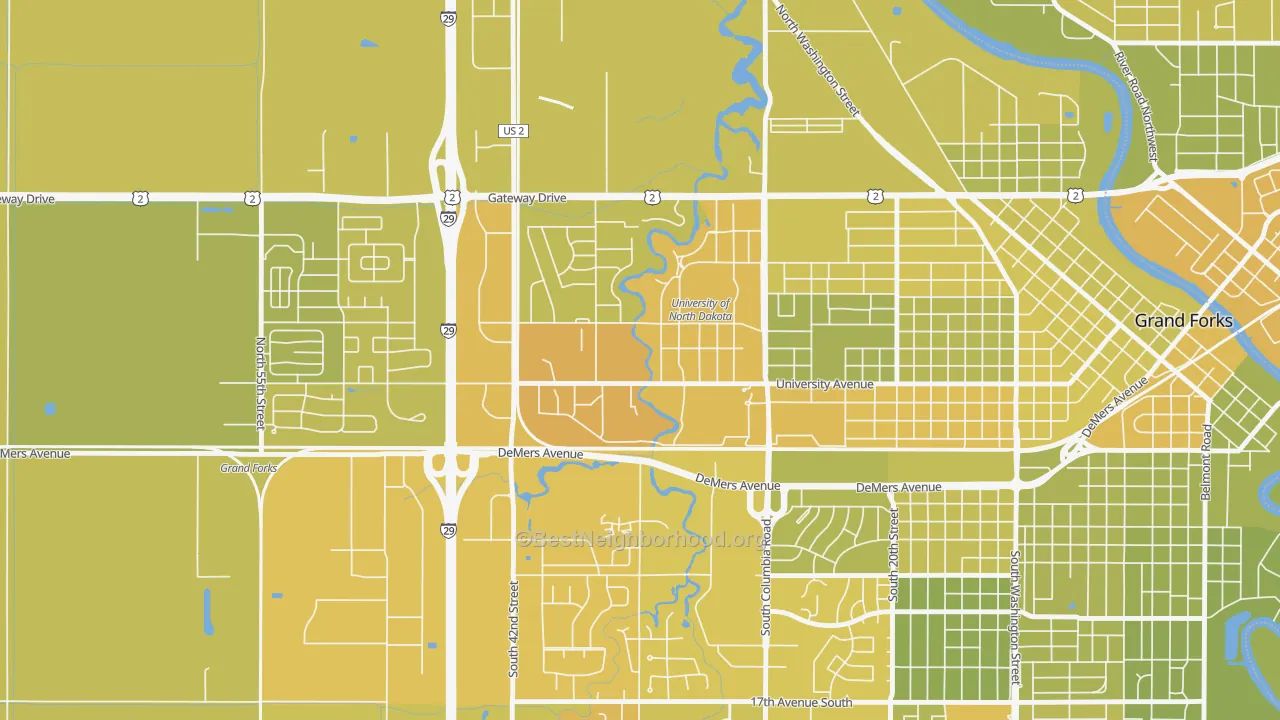 Map of the best neighborhoods in the 58202 area, with better matches in green and worse matches in red