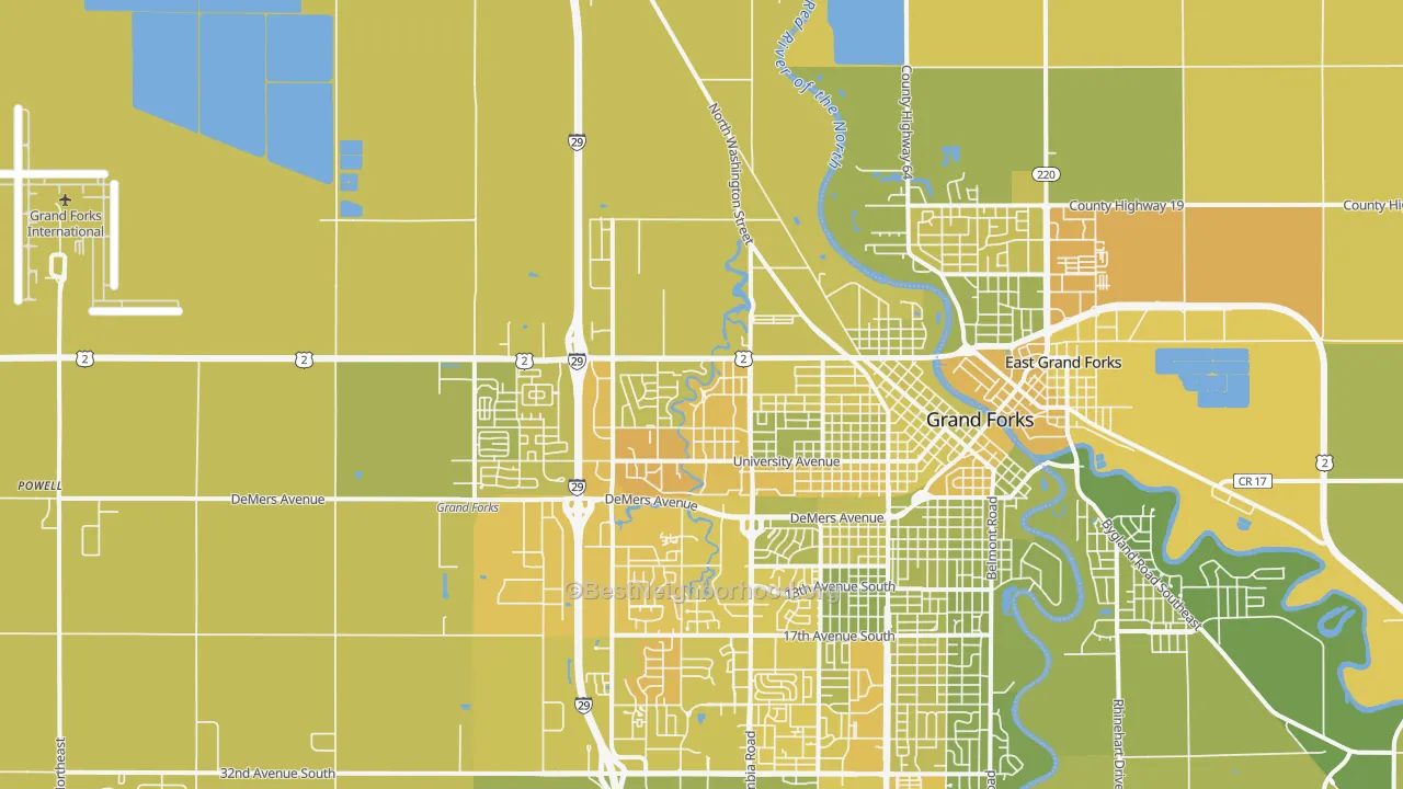Map of the best neighborhoods in the 58203 area, with better matches in green and worse matches in red