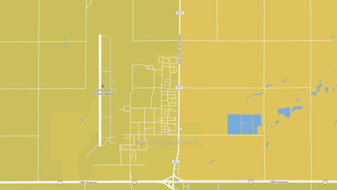 Map of the best neighborhoods in the 58204 area, with better matches in green and worse matches in red