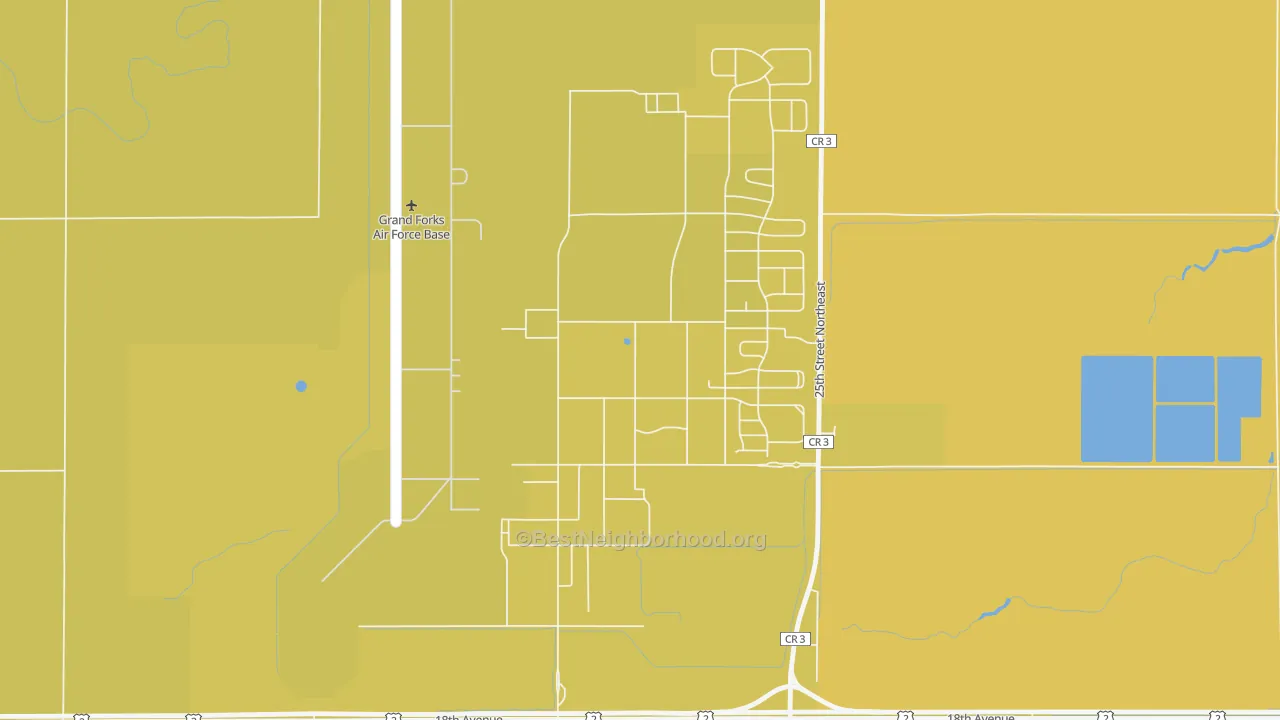 Map of the best neighborhoods in the 58205 area, with better matches in green and worse matches in red