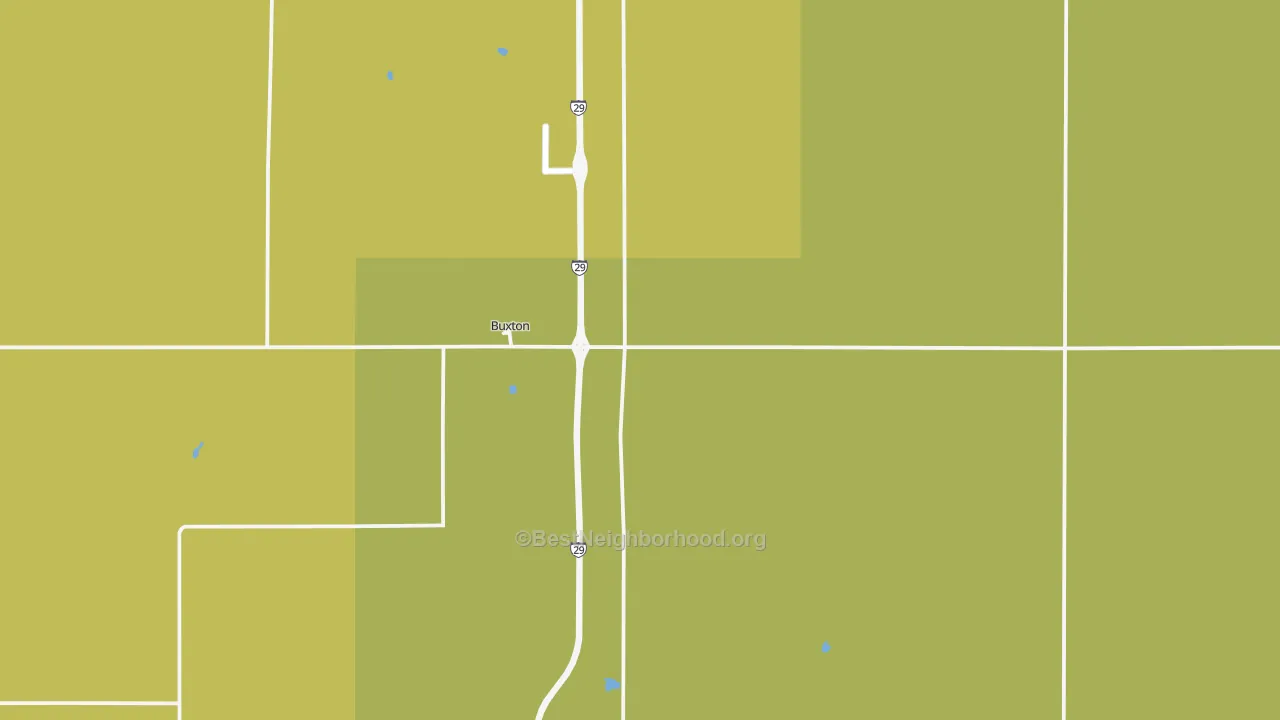 Map of the best neighborhoods in the 58218 area, with better matches in green and worse matches in red
