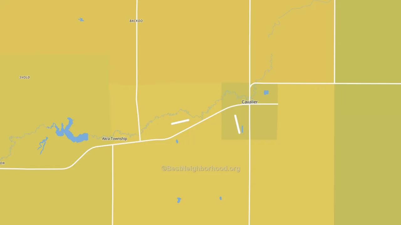 Map of the best neighborhoods in the 58220 area, with better matches in green and worse matches in red