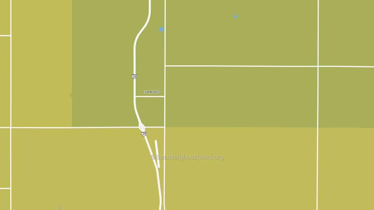 Map of the best neighborhoods in the 58223 area, with better matches in green and worse matches in red
