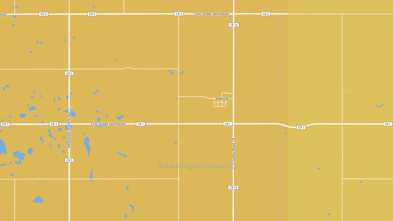 Map of the best neighborhoods in the 58224 area, with better matches in green and worse matches in red
