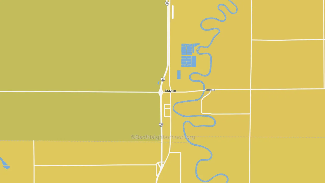 Map of the best neighborhoods in the 58225 area, with better matches in green and worse matches in red