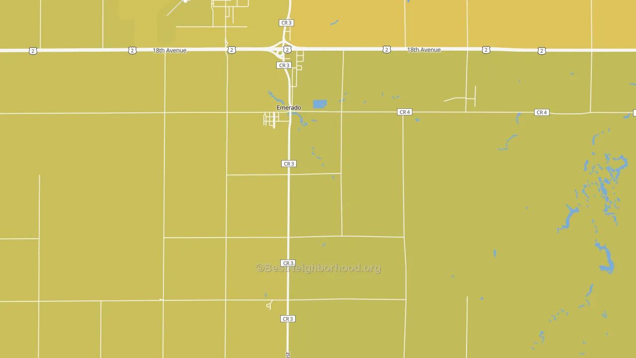 Map of the best neighborhoods in the 58228 area, with better matches in green and worse matches in red