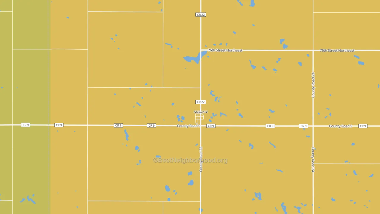 Map of the best neighborhoods in the 58229 area, with better matches in green and worse matches in red