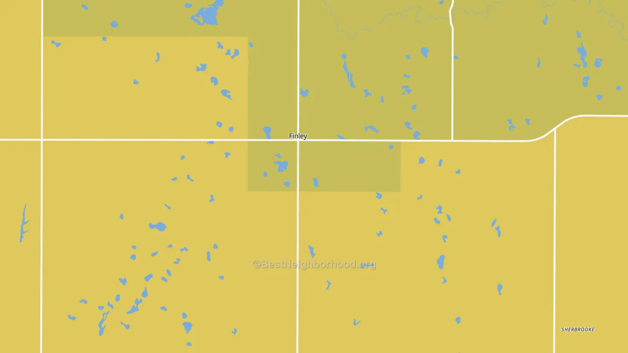 Map of the best neighborhoods in the 58230 area, with better matches in green and worse matches in red