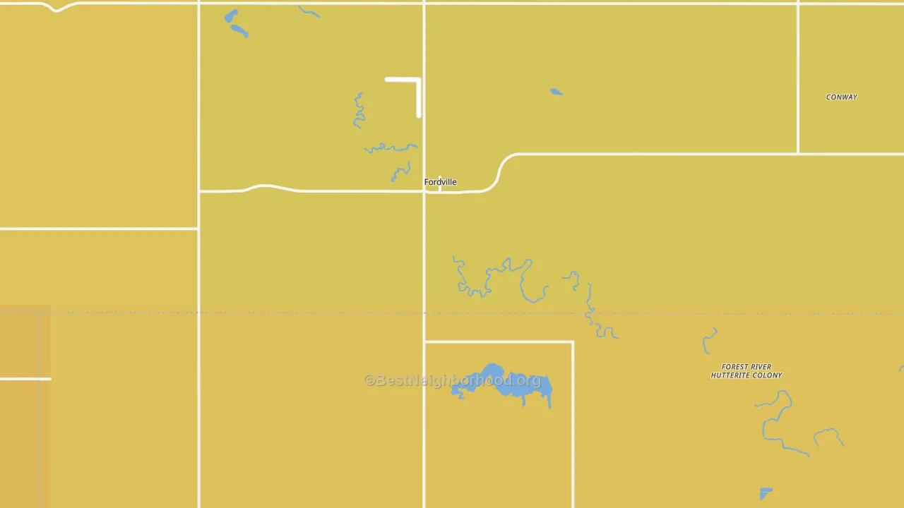 Map of the best neighborhoods in the 58231 area, with better matches in green and worse matches in red