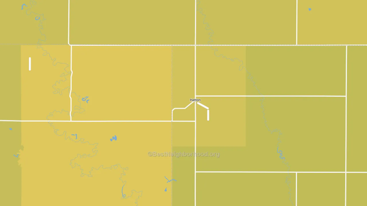 Map of the best neighborhoods in the 58240 area, with better matches in green and worse matches in red
