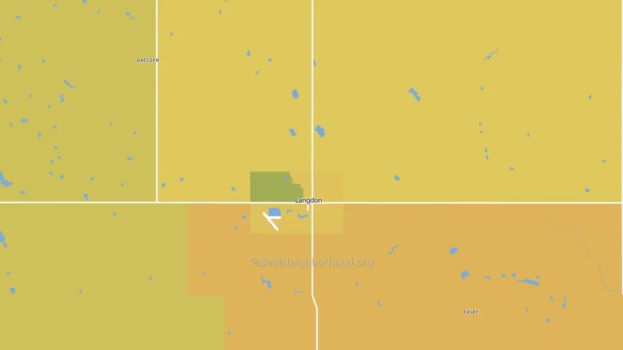 Map of the best neighborhoods in the 58249 area, with better matches in green and worse matches in red