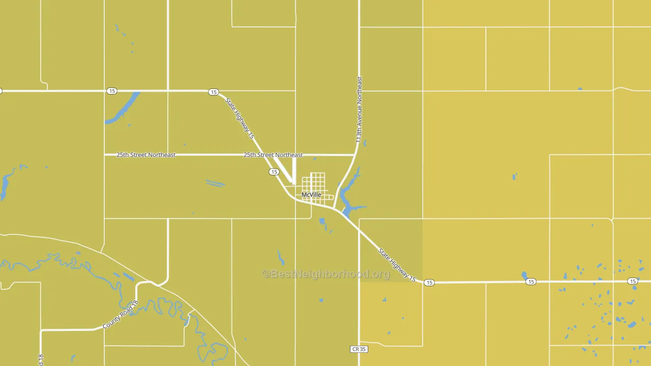 Map of the best neighborhoods in the 58254 area, with better matches in green and worse matches in red