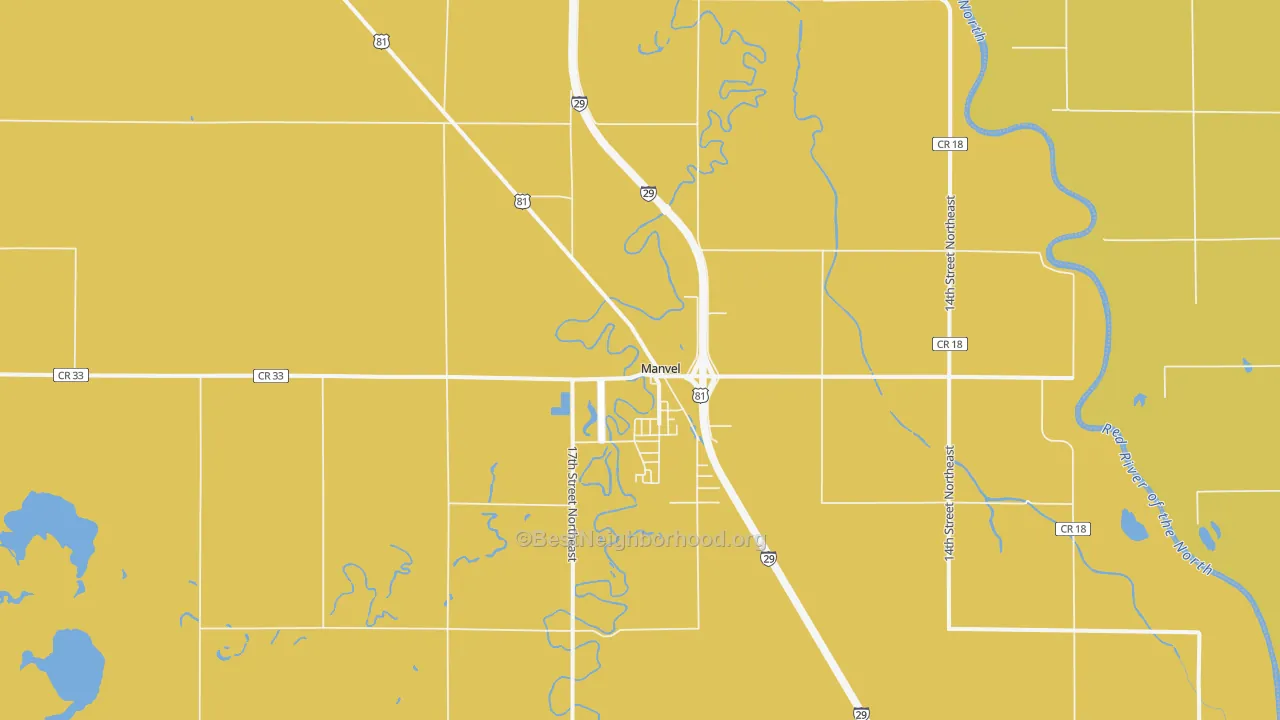 Map of the best neighborhoods in the 58256 area, with better matches in green and worse matches in red