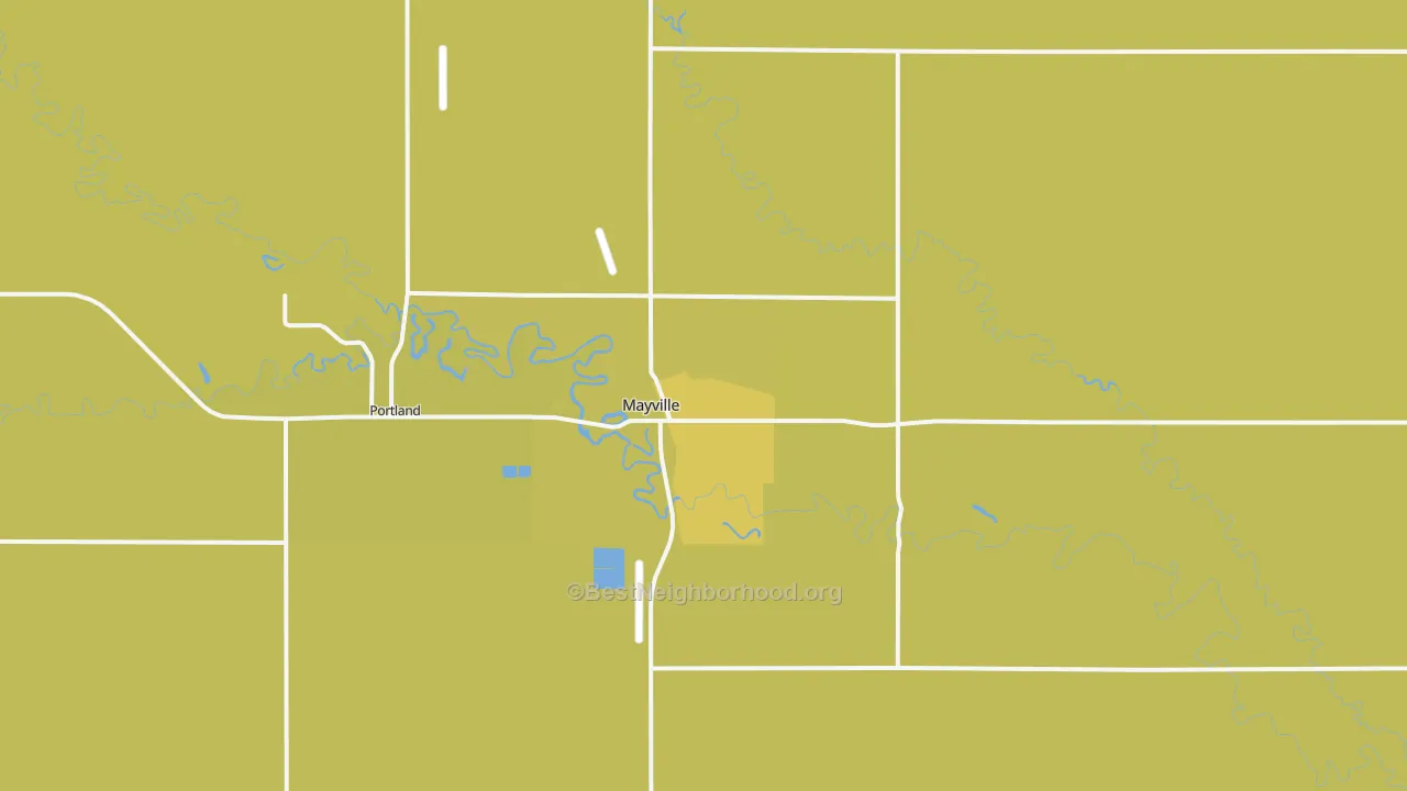 Map of the best neighborhoods in the 58257 area, with better matches in green and worse matches in red