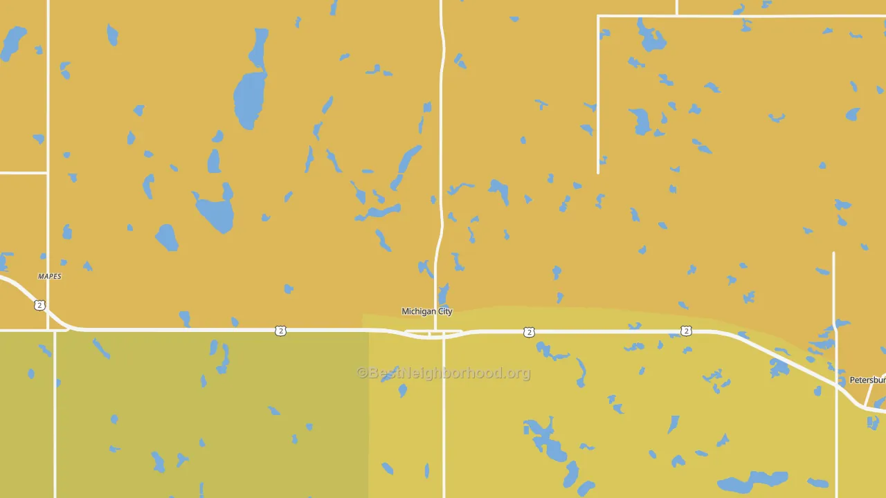 Map of the best neighborhoods in the 58259 area, with better matches in green and worse matches in red