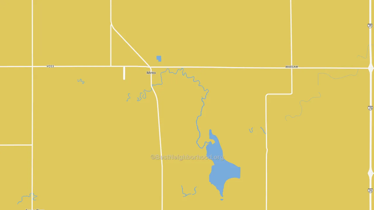Map of the best neighborhoods in the 58261 area, with better matches in green and worse matches in red