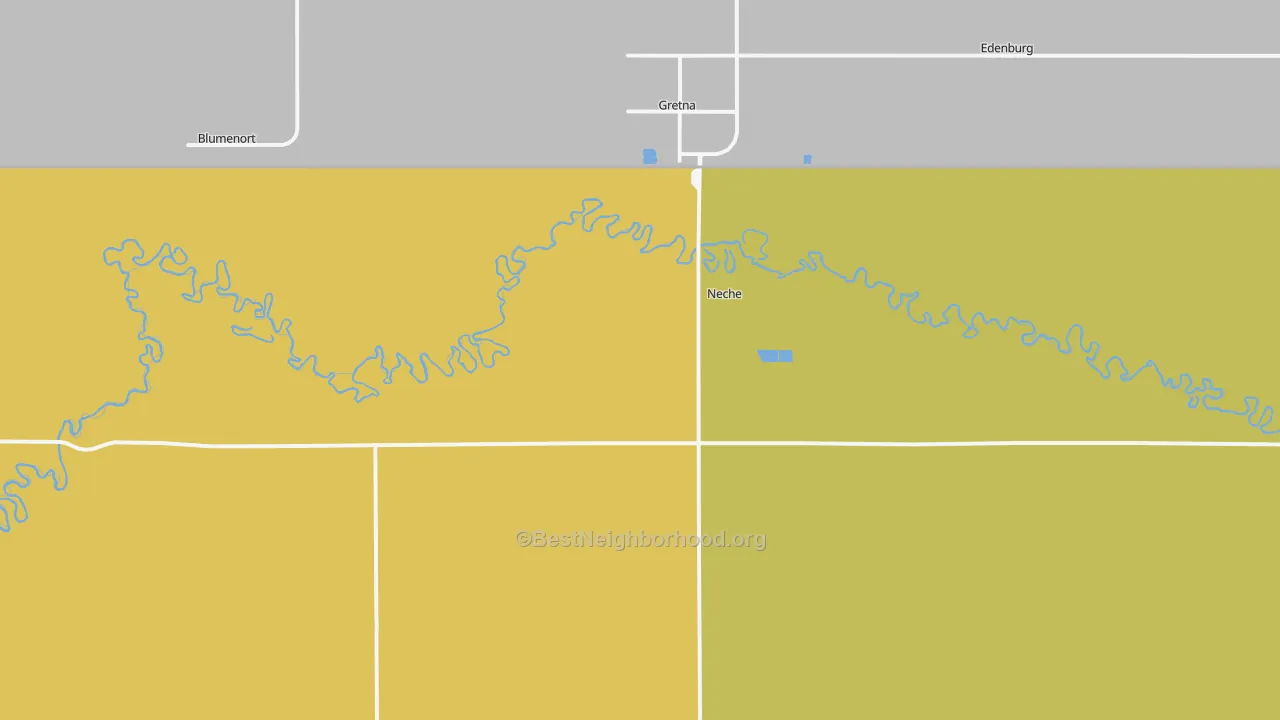 Map of the best neighborhoods in the 58265 area, with better matches in green and worse matches in red
