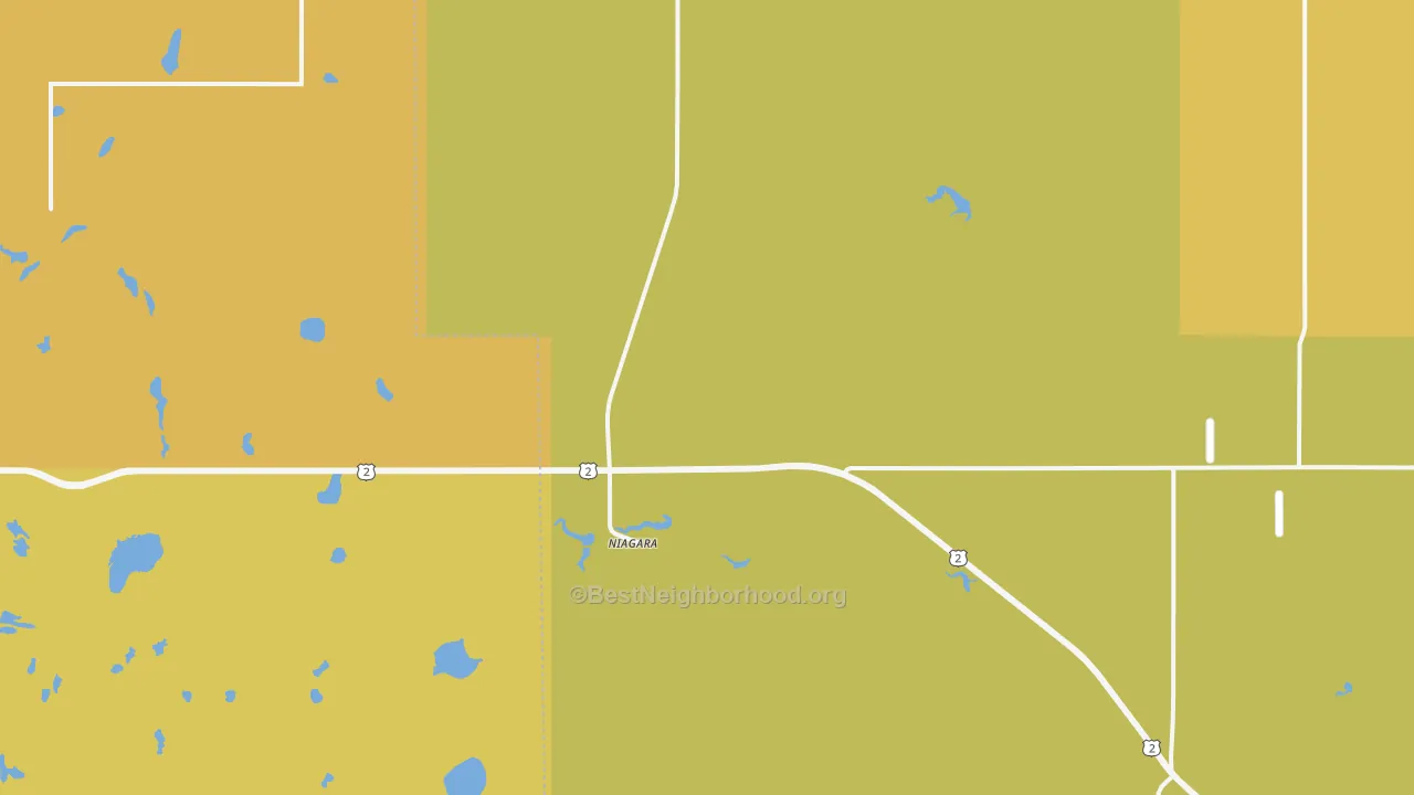 Map of the best neighborhoods in the 58266 area, with better matches in green and worse matches in red