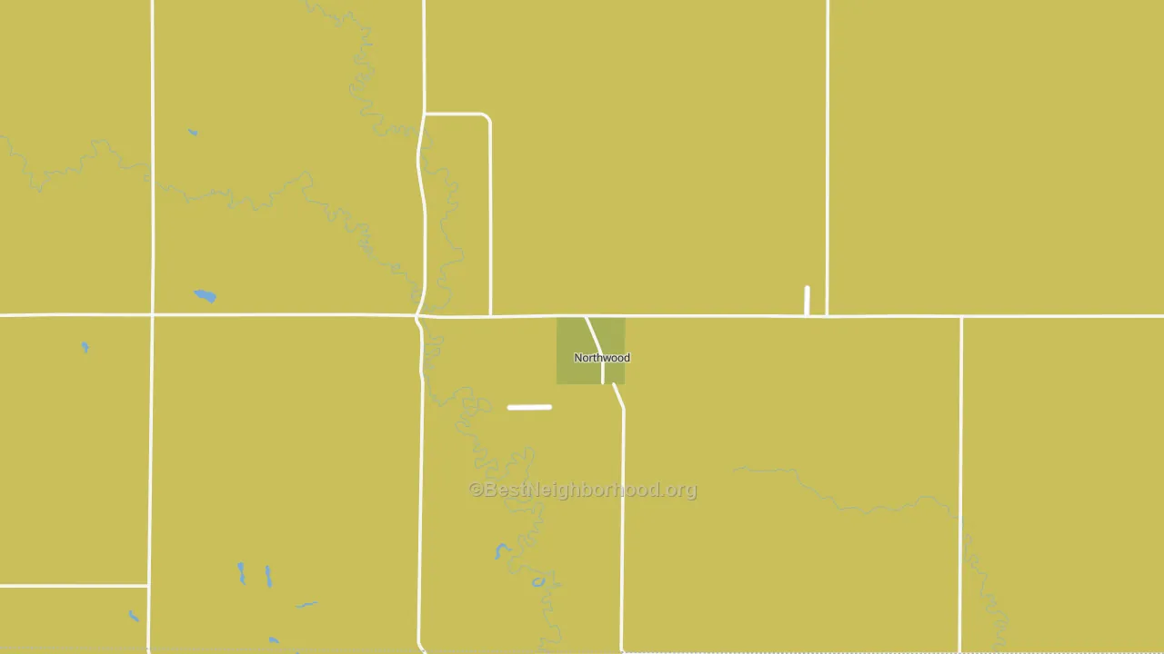 Map of the best neighborhoods in the 58267 area, with better matches in green and worse matches in red