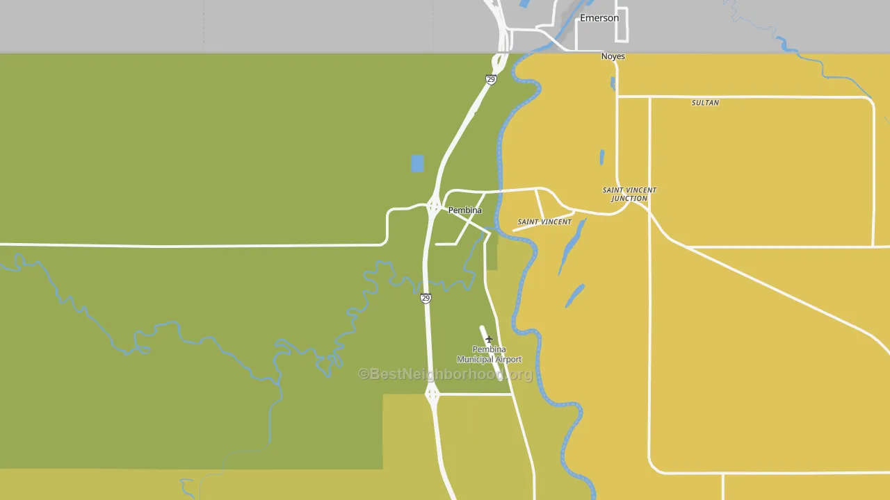 Map of the best neighborhoods in the 58271 area, with better matches in green and worse matches in red