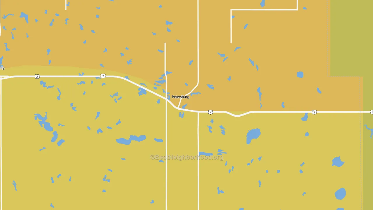 Map of the best neighborhoods in the 58272 area, with better matches in green and worse matches in red