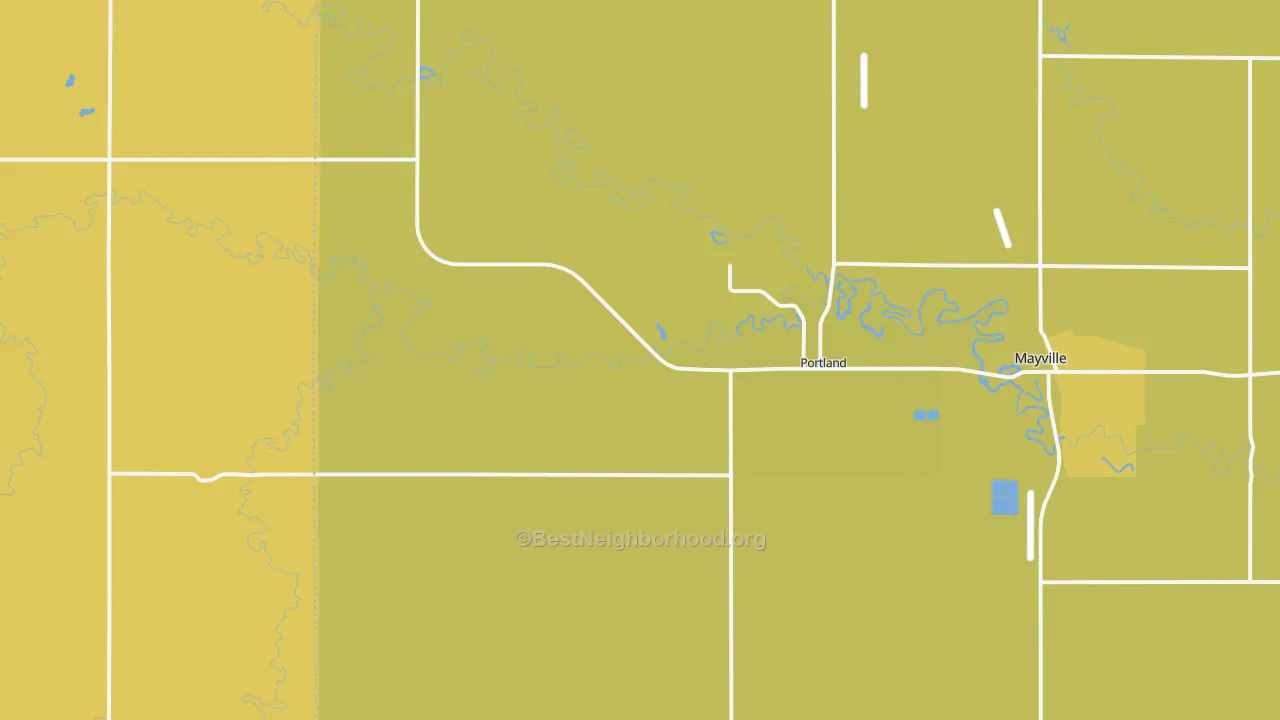 Map of the best neighborhoods in the 58274 area, with better matches in green and worse matches in red