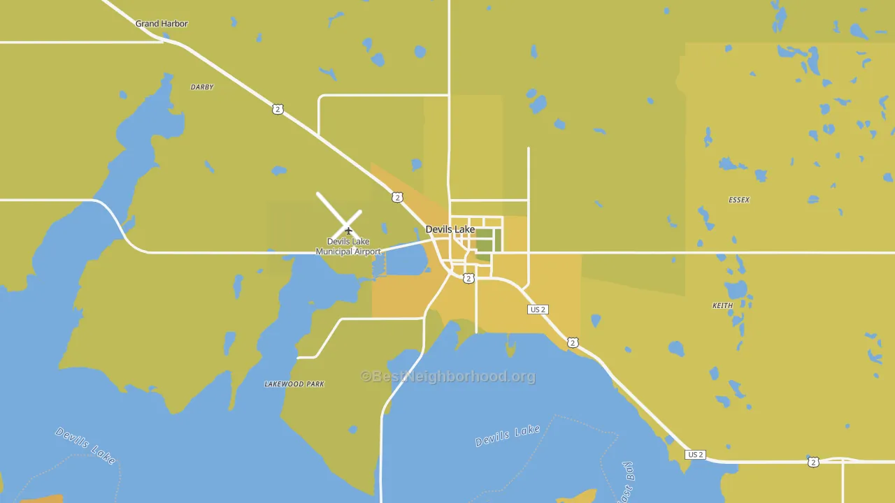 Map of the best neighborhoods in the 58301 area, with better matches in green and worse matches in red