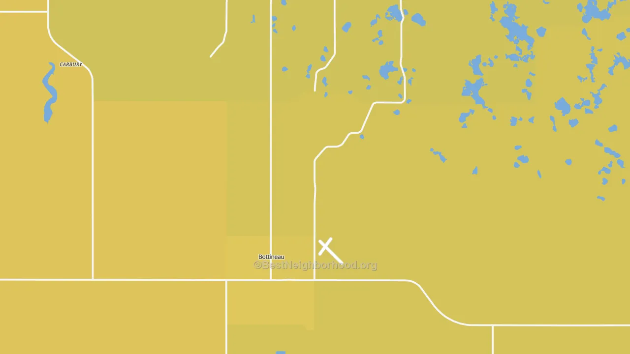 Map of the best neighborhoods in the 58318 area, with better matches in green and worse matches in red