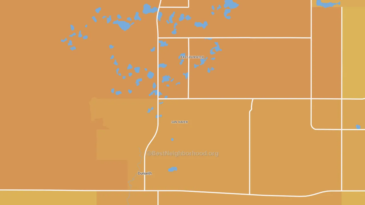 Map of the best neighborhoods in the 58329 area, with better matches in green and worse matches in red