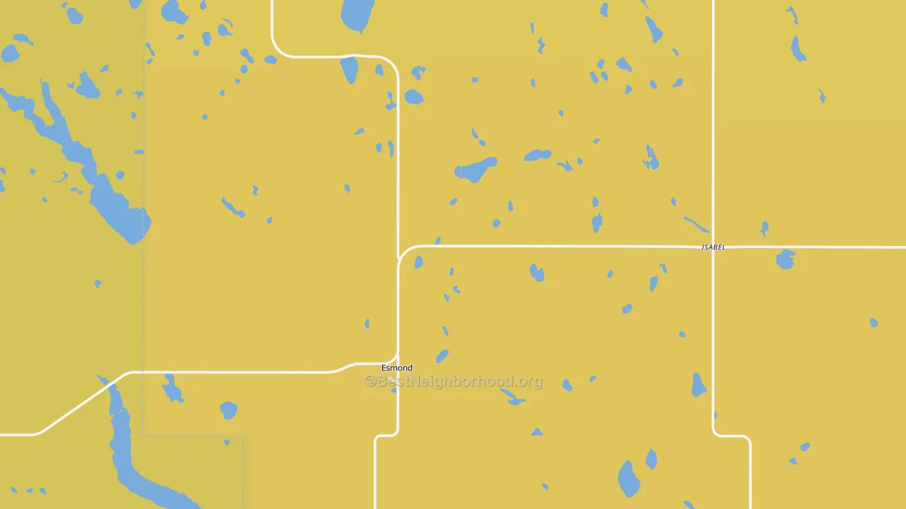 Map of the best neighborhoods in the 58332 area, with better matches in green and worse matches in red