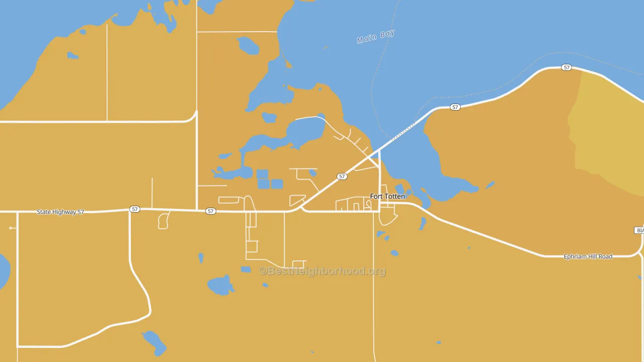 Map of the best neighborhoods in the 58335 area, with better matches in green and worse matches in red