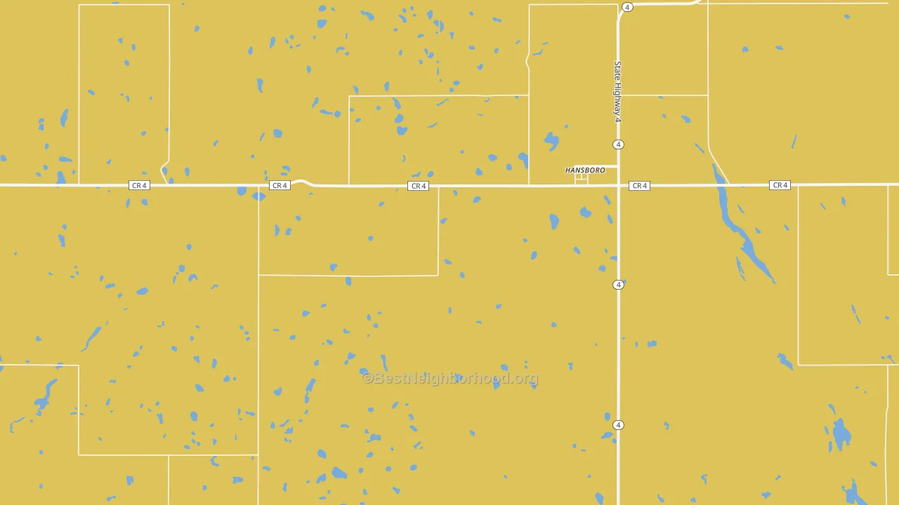 Map of the best neighborhoods in the 58339 area, with better matches in green and worse matches in red