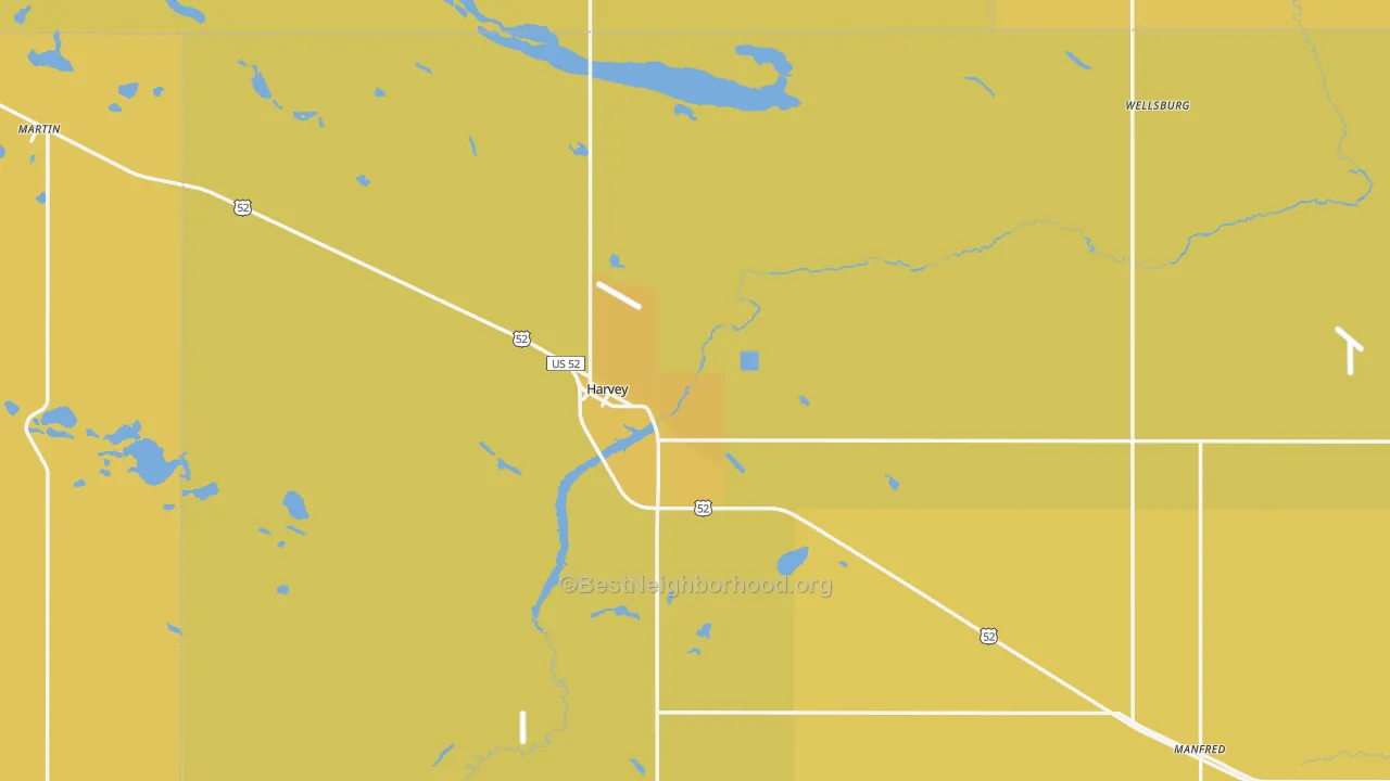 Map of the best neighborhoods in the 58341 area, with better matches in green and worse matches in red