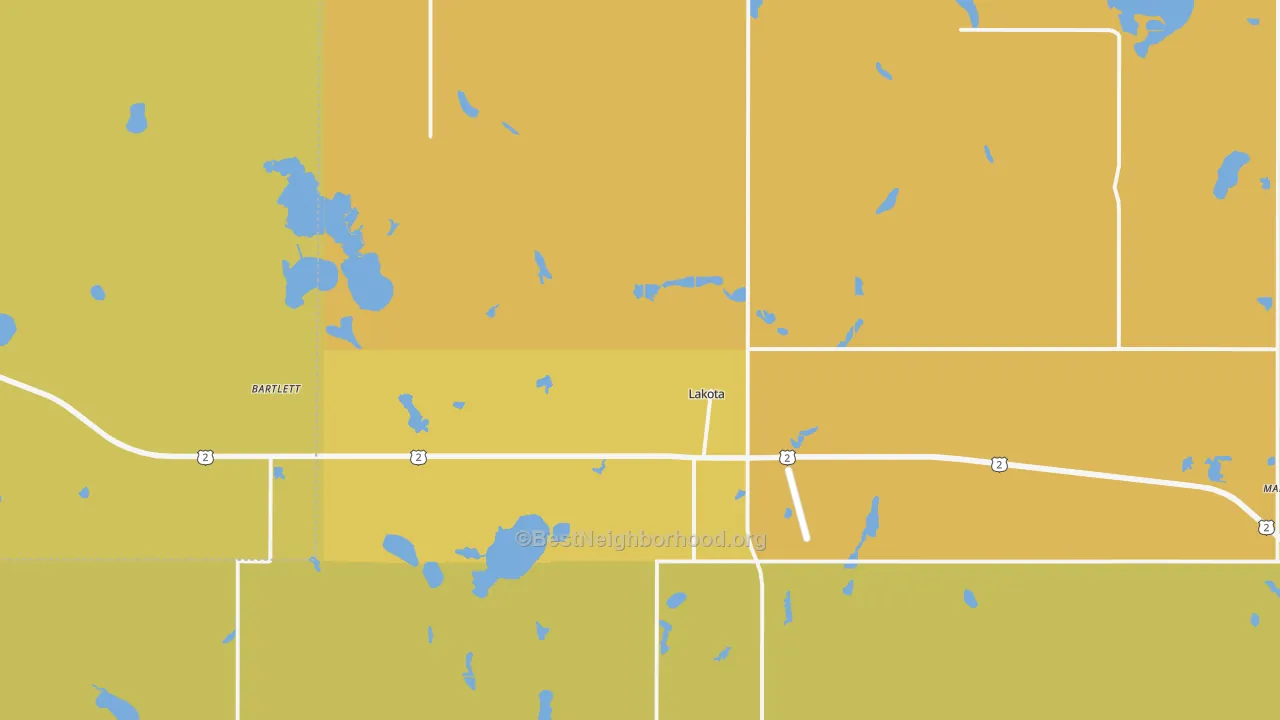 Map of the best neighborhoods in the 58344 area, with better matches in green and worse matches in red