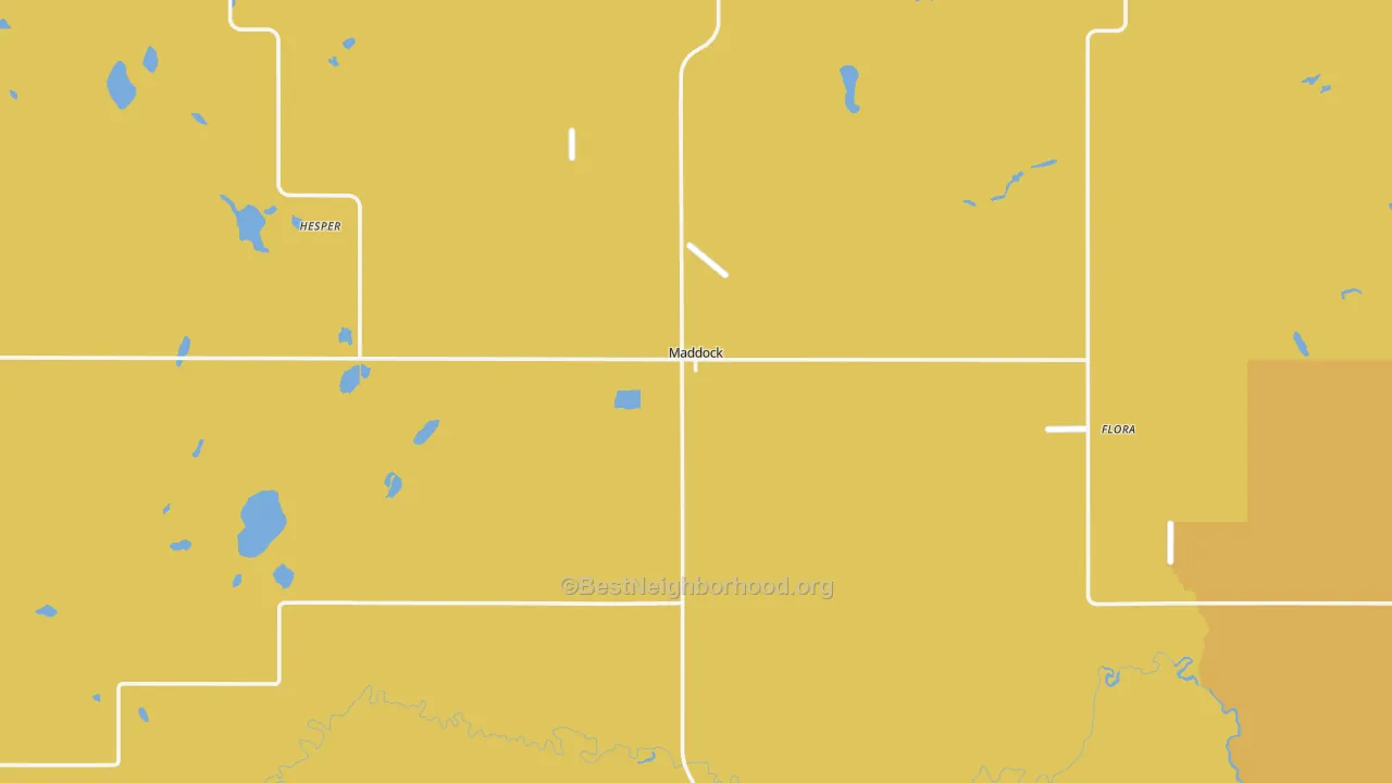 Map of the best neighborhoods in the 58348 area, with better matches in green and worse matches in red