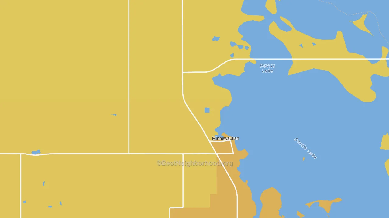 Map of the best neighborhoods in the 58351 area, with better matches in green and worse matches in red