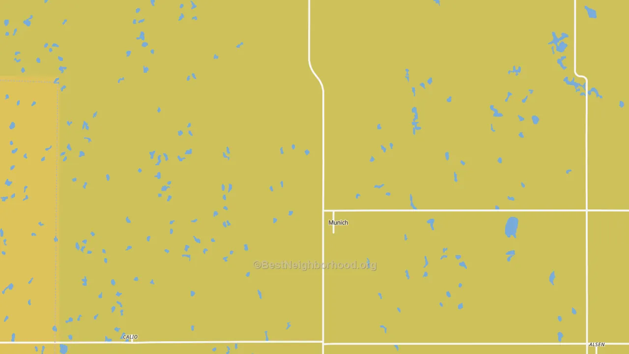 Map of the best neighborhoods in the 58352 area, with better matches in green and worse matches in red