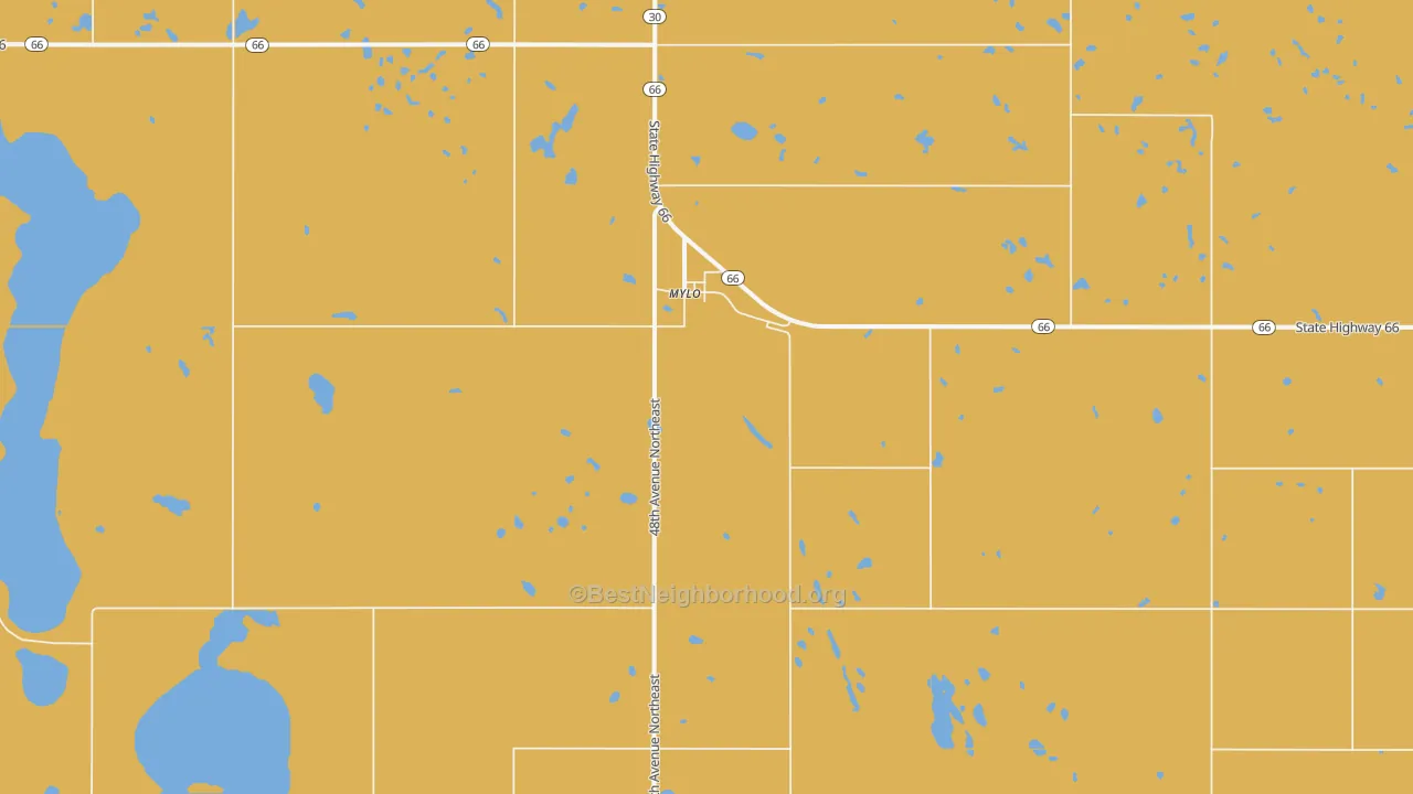 Map of the best neighborhoods in the 58353 area, with better matches in green and worse matches in red