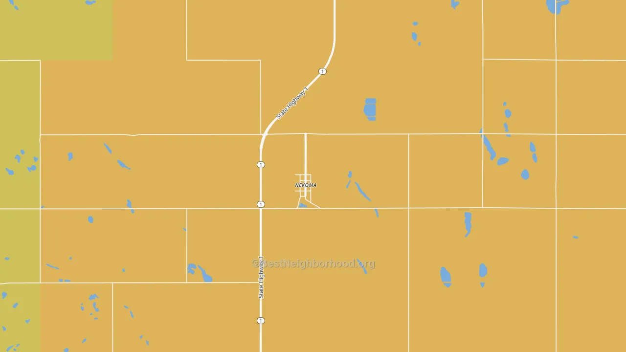Map of the best neighborhoods in the 58355 area, with better matches in green and worse matches in red
