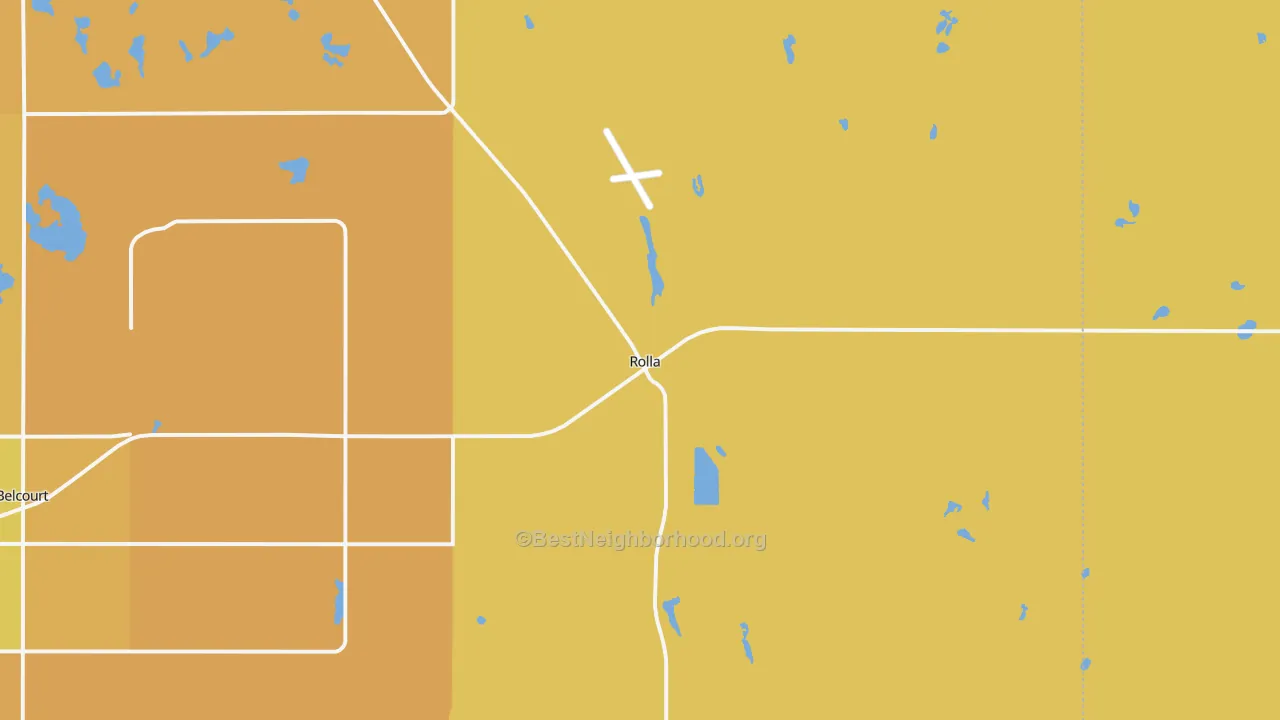 Map of the best neighborhoods in the 58367 area, with better matches in green and worse matches in red
