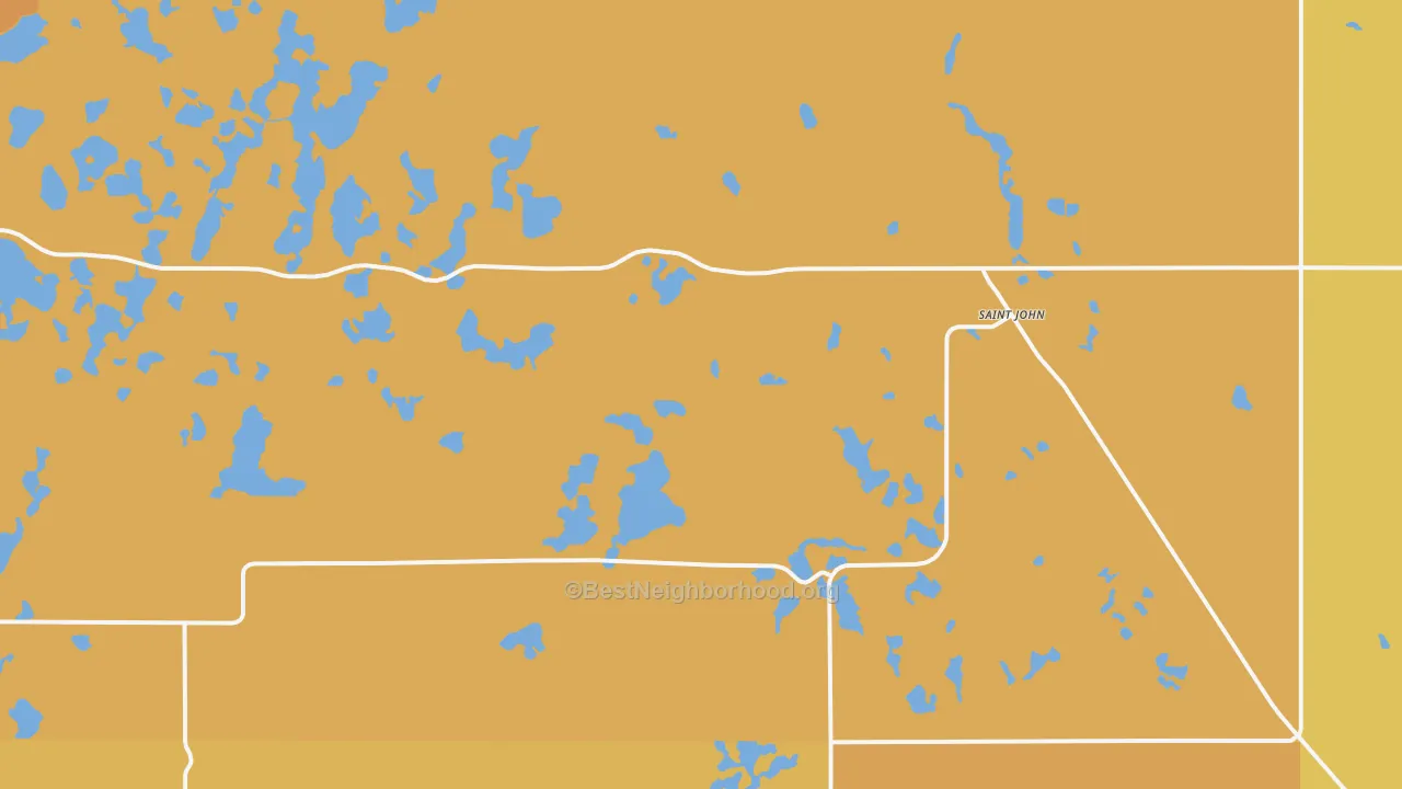 Map of the best neighborhoods in the 58369 area, with better matches in green and worse matches in red
