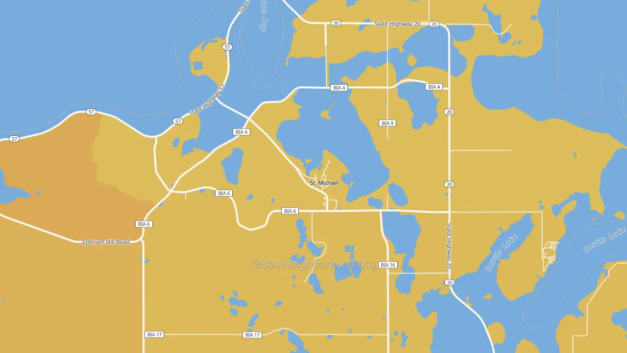 Map of the best neighborhoods in the 58370 area, with better matches in green and worse matches in red