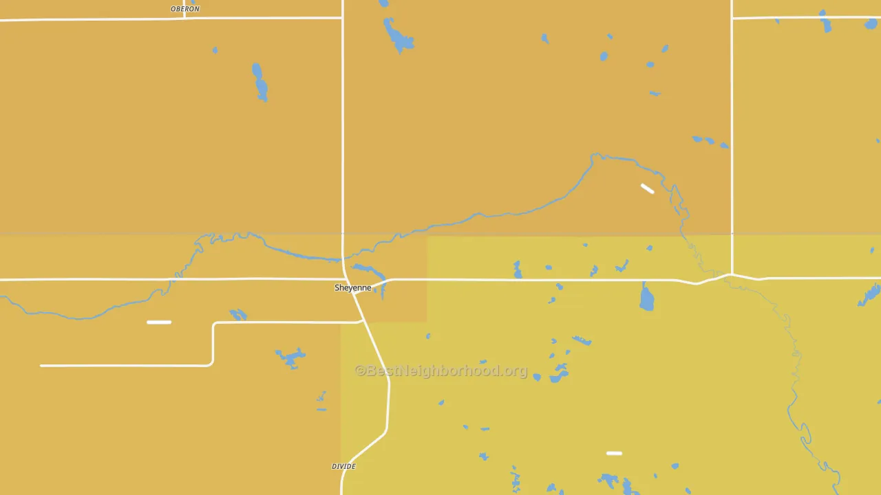 Map of the best neighborhoods in the 58374 area, with better matches in green and worse matches in red
